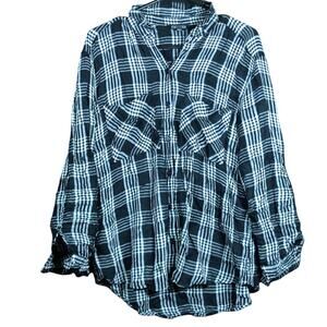 Express Womens Shirt Black White Plaid Button Down Roll Tab Sleeve Medium